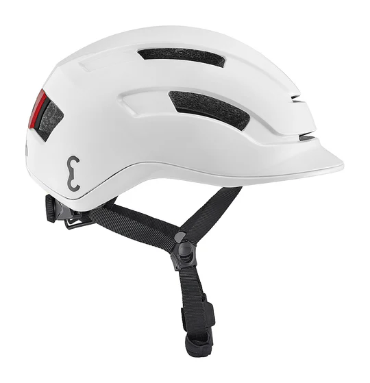 Casque - Vélotaffeur casque Elvish blanc insert LED arrière offre une visibilité maximale pour les autres usagers. Pratique et rapide, fermeture et ouverture instantanément de la boucle d'attache grâce à son système aimanté. vue de côté blanc
