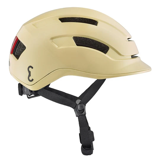 Casque - Vélotaffeur casque Elvish jaune insert LED arrière offre une visibilité maximale pour les autres usagers. Pratique et rapide, fermeture et ouverture instantanément de la boucle d'attache grâce à son système aimanté. vue de côté jaune